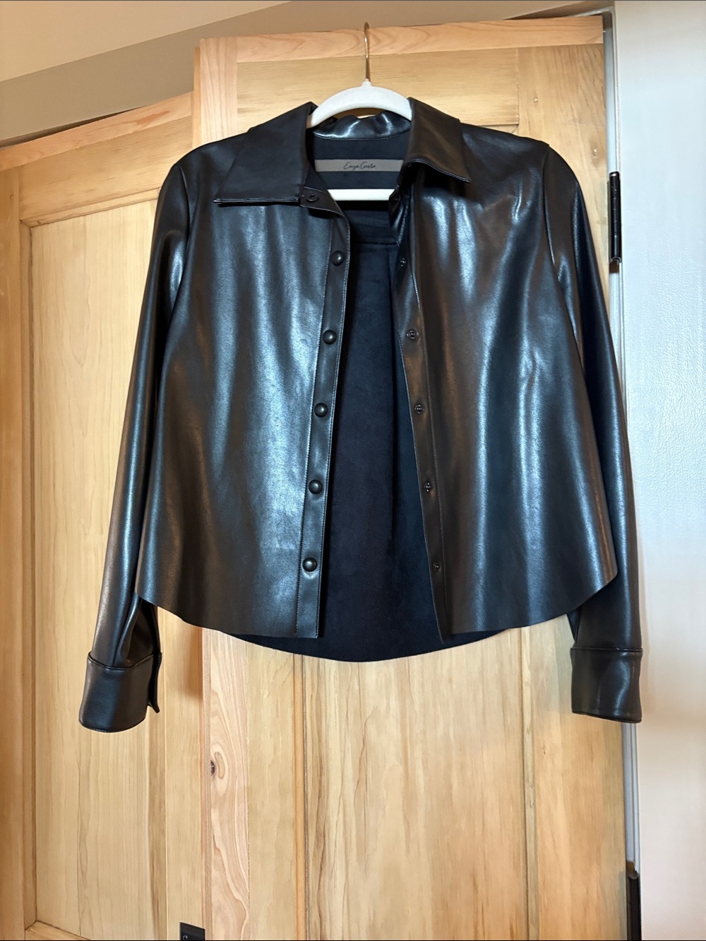 Enza Costa Black Button-Down Leather-Look Shirt Jacket